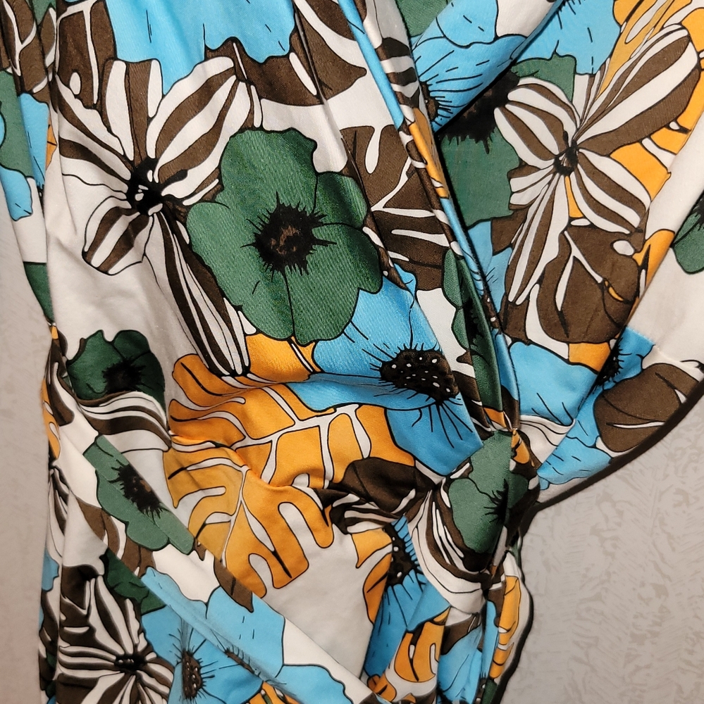 Escada Sport Floral Monstera Print Belted A Line Dress Size 44 US 14 Blue/Orange - Picture 5 of 7